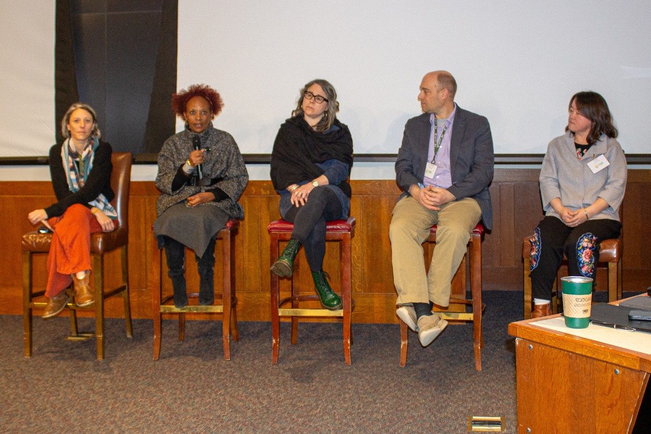 A panel discussion included Virginia Tech faculty, along with invited guests Amélie Gaudin, associate professor of agroecology at the University of California, Davis (far left) and Eric von Wettberg, associate professor of crop genetic heritage at the University of Vermont (second from the right). 